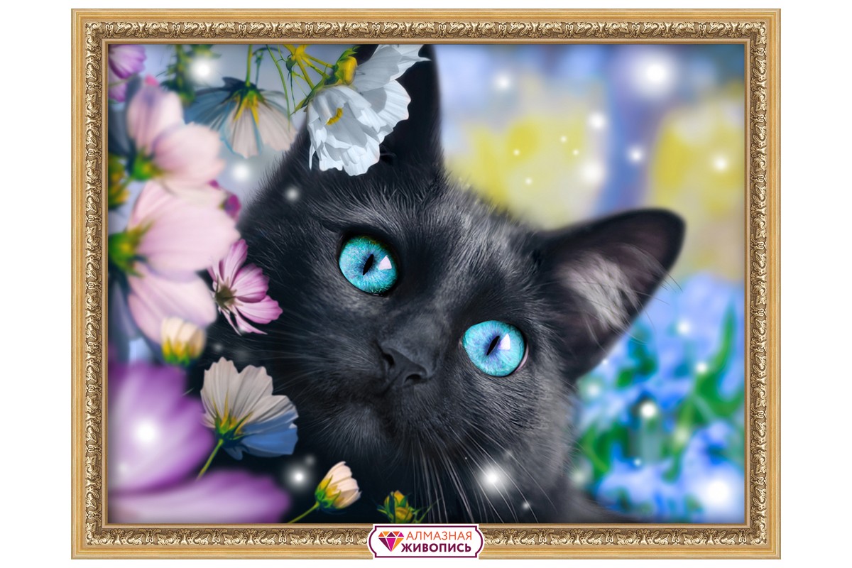 DIAMOND PAINTING KIT BLACK CAT IN THE FLOWERS
